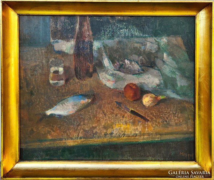 László Meggyes (1928 - 2003) fish still life c. Gallery oil painting with original guarantee !!!!
