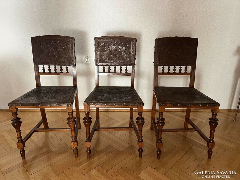 3 Pcs. Pewter German, antique, good condition, leather-printed chair for sale.