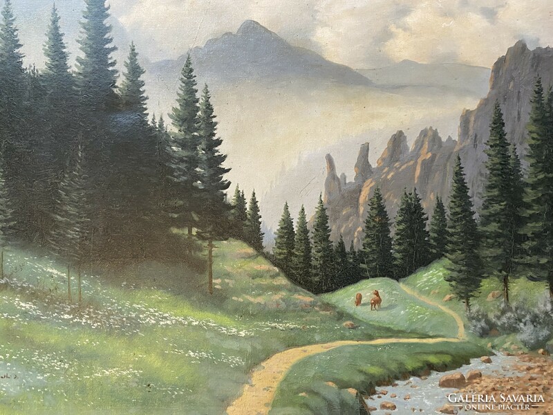 János Némethi mountain landscape antique oil canvas painting 80 x 60 cm