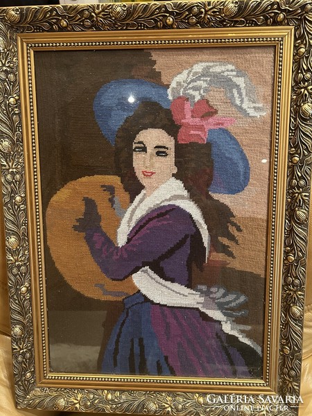 Gobelin picture in a beautiful golden frame, glazed