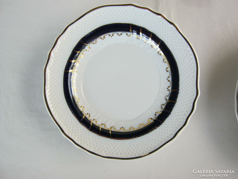 Hollóháza porcelain 6-person cake sandwich set with blue-gold motif, bowl + 6 plates