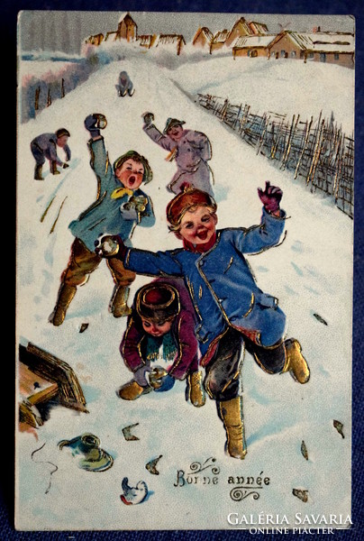 Antique embossed New Year's greeting card with snowballing children in golden boots, winter landscape
