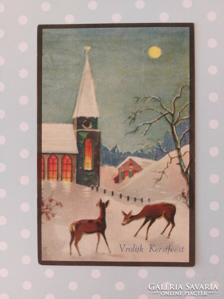 Old Christmas postcard 1935 postcard deer church snowy landscape