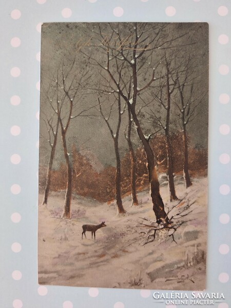 Old postcard holiday postcard deer snowy forest