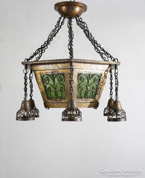 Art Nouveau style corridor chandelier with green glass insert