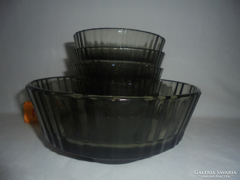 Smoke-colored glass compote set - large bowl + six small bowls