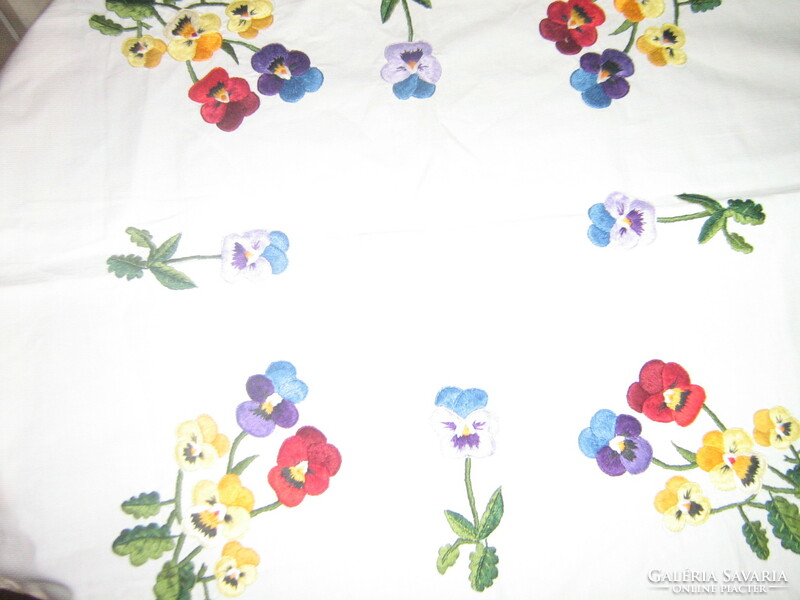 Beautiful hand-embroidered pansy needlework tablecloth