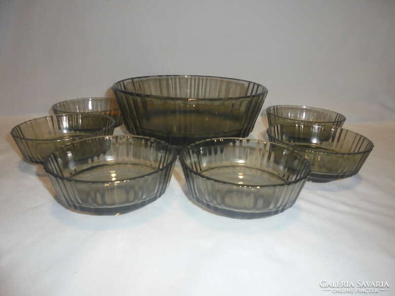 Smoke-colored glass compote set - large bowl + six small bowls