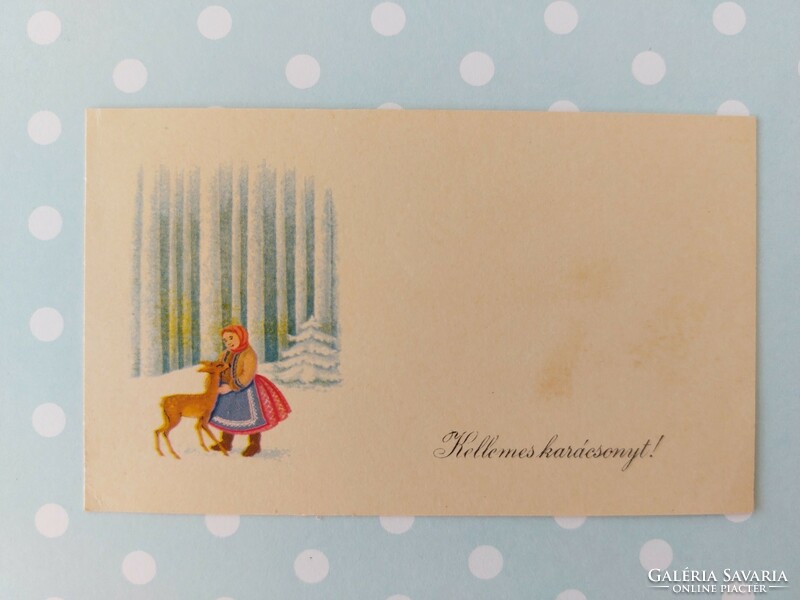 Régi mini képeslap 1958 karácsonyi üdvözlőkártya kislány őzike