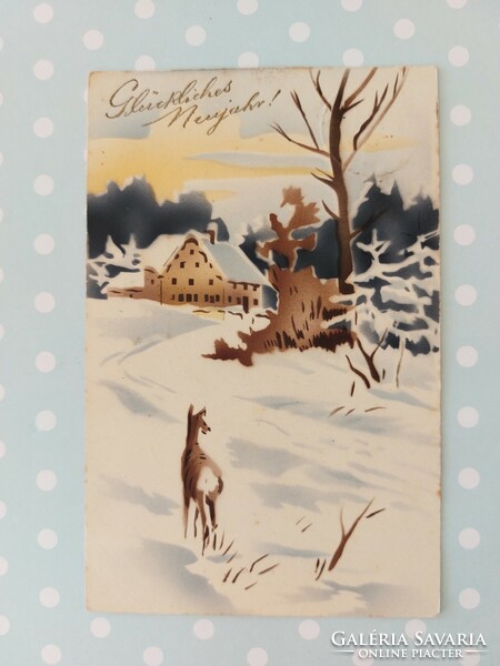 Old Christmas postcard 1930 postcard deer snowy landscape