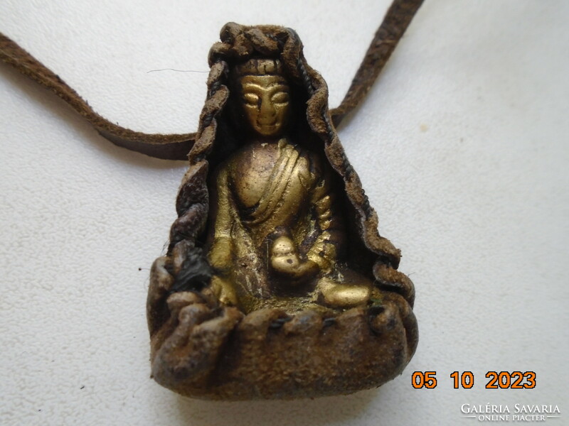 Antique healing ghau bronze buddha talisman in original sheepskin
