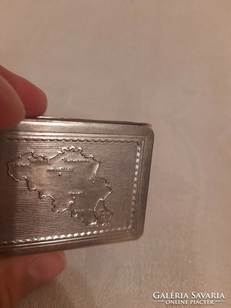 Metal match holder / Belgian souvenir, with a map of Belgium on the back