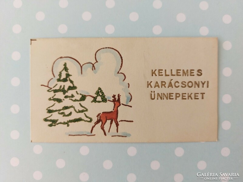 Régi mini képeslap karácsonyi üdvözlőkártya őzike