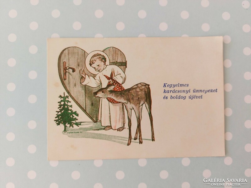 Régi mini képeslap karácsonyi üdvözlőkártya őzike Márton Lajos rajza