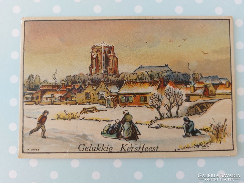 Old postcard Christmas postcard ice skate wooden dog