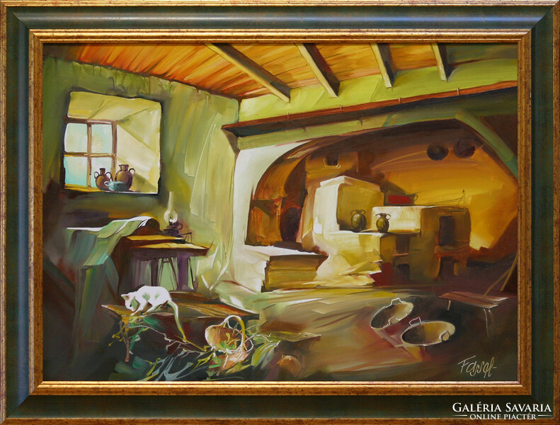 Ferenc Fassel-L'ousa (1915-2009) Farmhouse kitchen - with frame 64x84 cm - artwork 50x70 cm