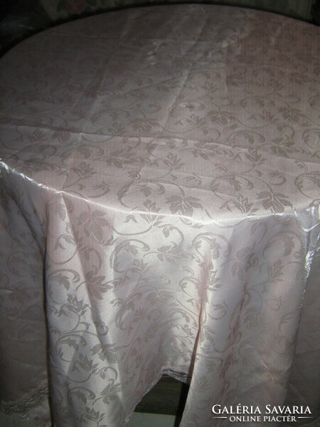 Beautiful pink baroque leaf pattern with elegant pink lacy edged huge silk tablecloth