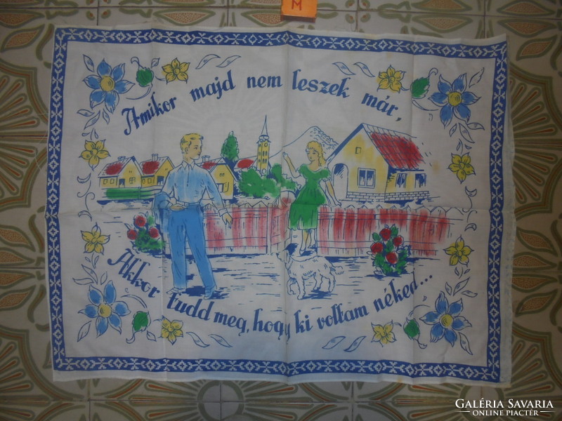 Old, printed pattern, scene, kitchen wall protector with the inscription 