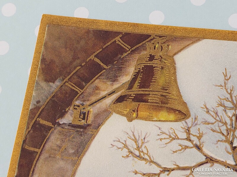 Old postcard Christmas postcard snowy landscape bell