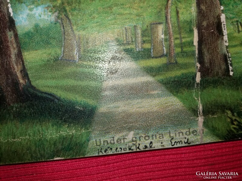 Antique 1902 censored hand painted postcard with green linden trees from Sweden according to the pictures