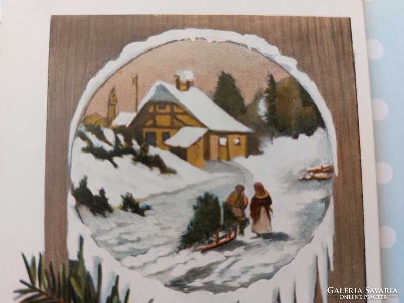Régi képeslap karácsonyi levelezőlap fenyőág toboz havas táj