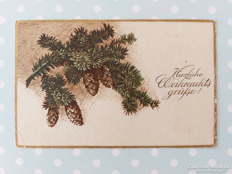 Régi képeslap karácsonyi levelezőlap fenyőág toboz