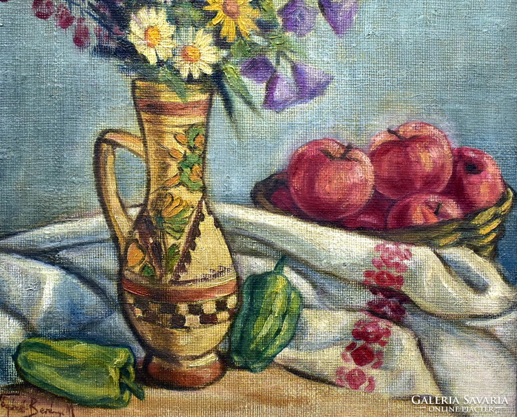 Margit Vágóné Berényi (1906-?) Still life from Nagybánya with a Transylvanian anklet