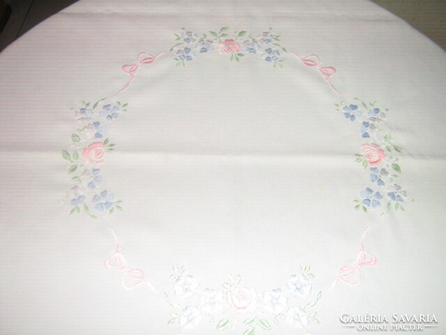 Beautiful handmade vintage rosy floral sling needlework tablecloth embroidered in pastel colors