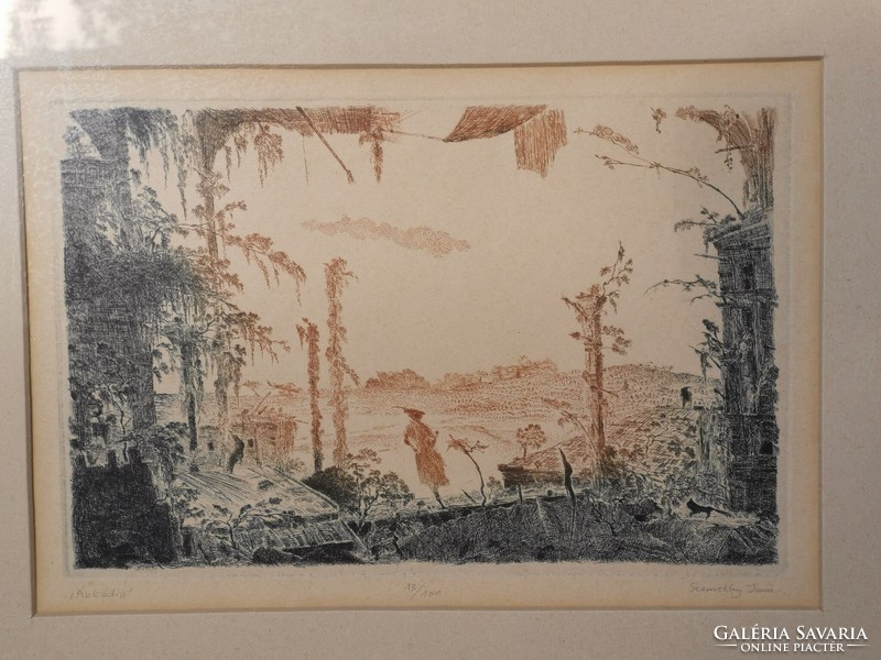 Etching by Imre Szemethy entitled Arcadia