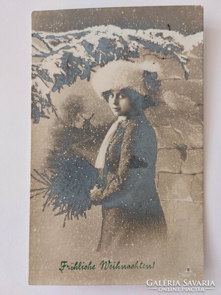 Old Christmas card female photo postcard