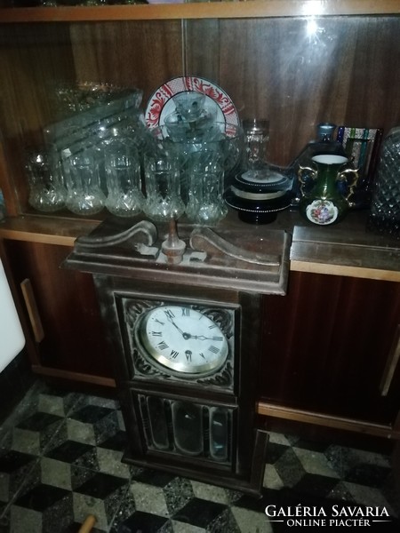 Antique wooden wall clock in need of cleaning, 56 cm high