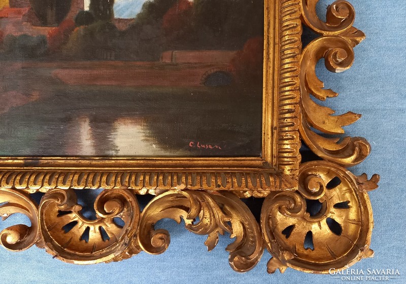 Italian landscape painting in a Florentine frame
