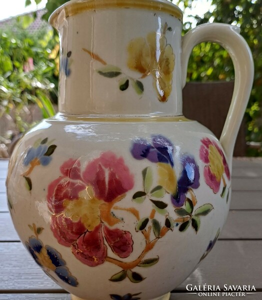 Antique Zsolnay ceramic jug, jar with colorful hand-painted flowers