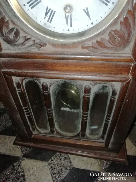 Antique wooden wall clock in need of cleaning, 56 cm high