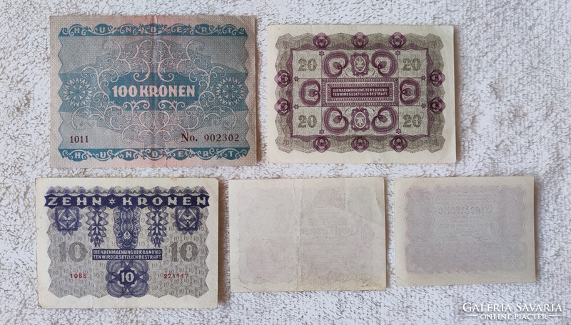 Osztrák korona sor (1922) – 1, 2, 10, 20, 100 (aUNC-EF) | 5 db bankjegy