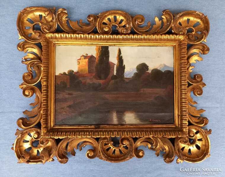 Italian landscape painting in a Florentine frame