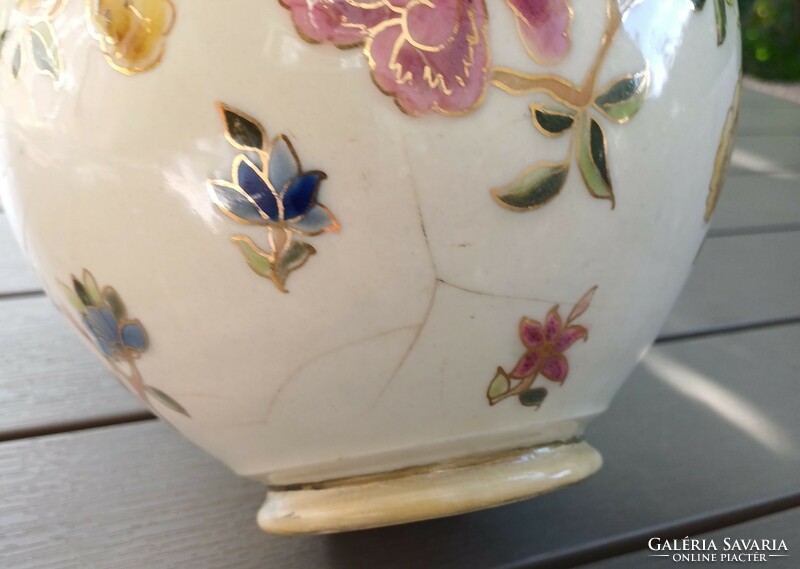 Antique Zsolnay ceramic jug, jar with colorful hand-painted flowers