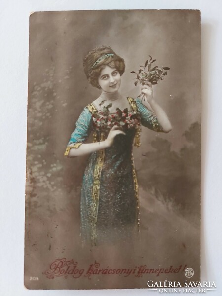 Old Christmas card 1912 female photo postcard