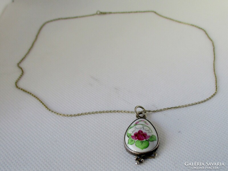 Old silver necklace with beautiful hand-painted porcelain pendant