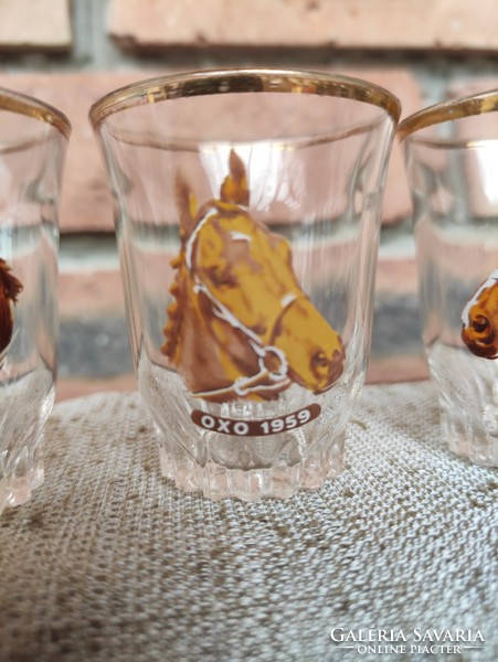 4 glass brandy glasses decorated with portraits of derby winning horses oxo 1959 ayala 1963 kilmore 1962