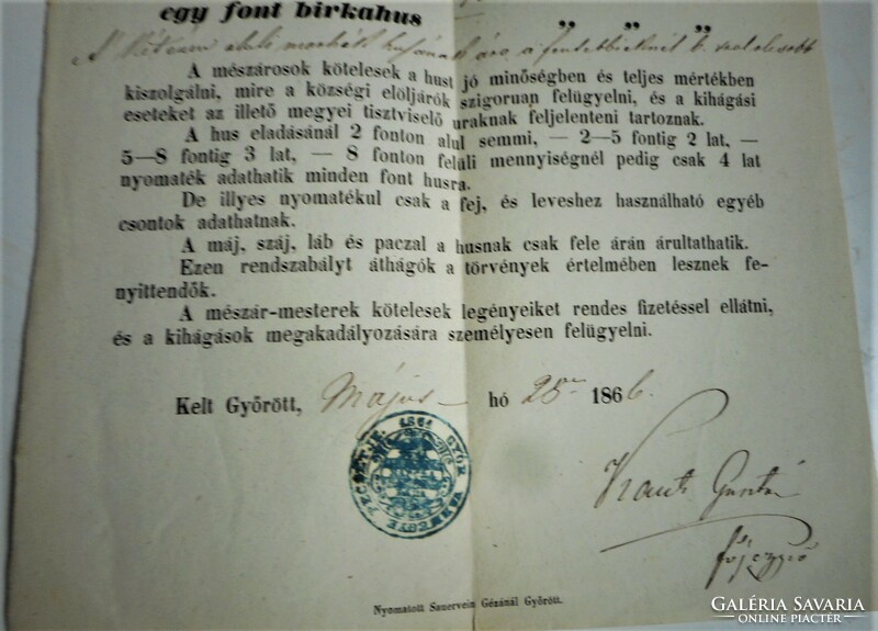 Győr megyei hatósági Hús árszabás (Győr, 1866 május, pecséttel)
