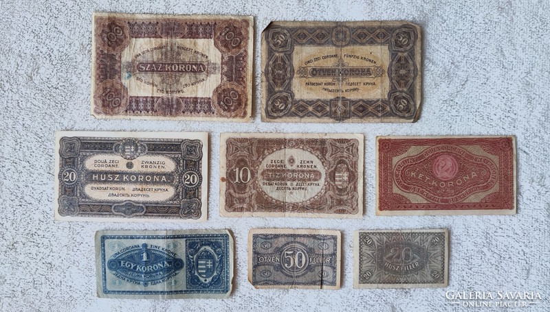 Post-Trianon 1920 Hungarian crown row: 20f, 50f, 1, 2, 10, 20, 50, 100 (aunc-vg) | 8 banknotes