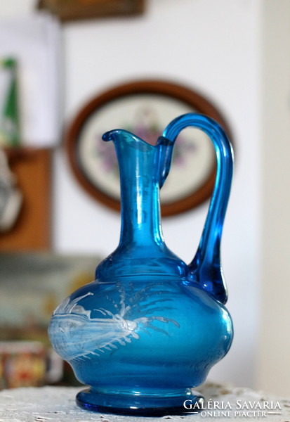 Antik zománc festett kék üveg karcsú kanna, kiöntő, karaffa, Cseh, 19.század