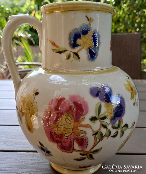 Antique Zsolnay ceramic jug, jar with colorful hand-painted flowers