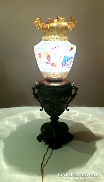 Antique table lamp, with a special glass shade, rococo style base