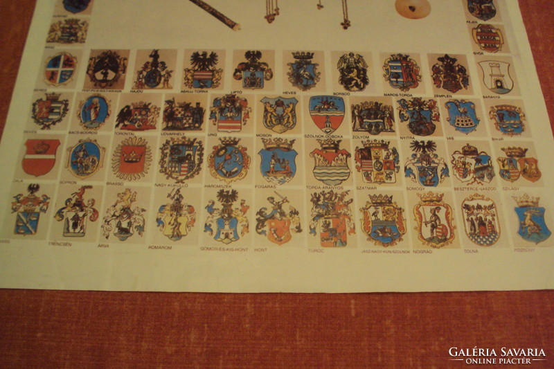 Hungarian historical map--coronation jewels and coats of arms of 64 counties from 1881-1920.-Color copy.