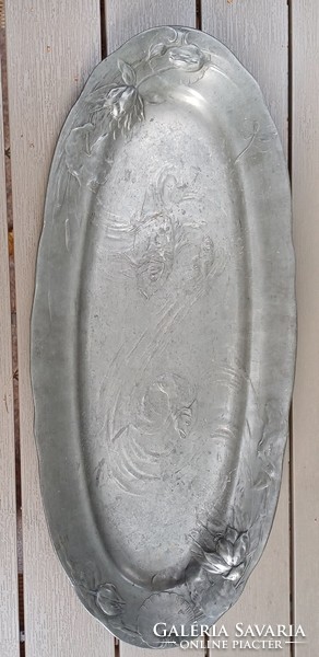 Art Nouveau special leaf rare pewter table centerpiece marked with fish wood.