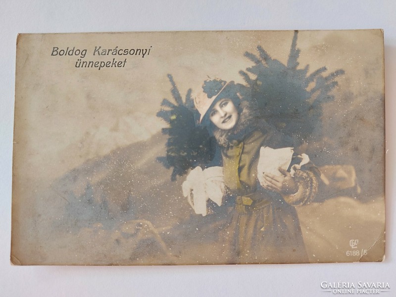 Old Christmas postcard 1921 female photo postcard