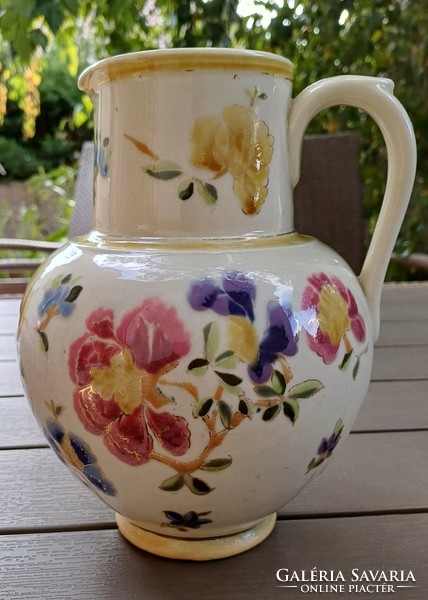 Antique Zsolnay ceramic jug, jar with colorful hand-painted flowers