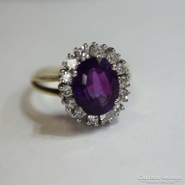 14 K gold ring with 0.60 Ct diamonds and amethyst